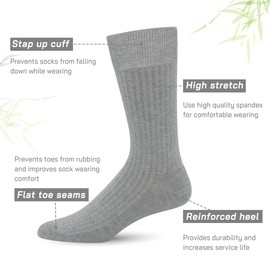 SERISIMPLE Men's Dress Socks - Bamboo Viscose Thin Ribbed Knit, Silky & Soft, Lightweight Business Crew Socks 5 Pairs (US, Alpha, X-Large, Regular, Regular, Grey)