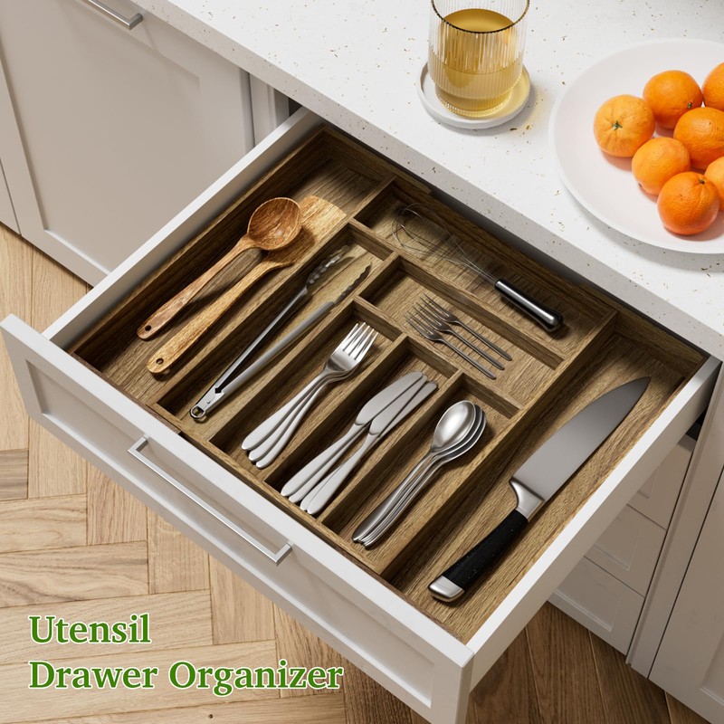 Kiasthome Acacia Wood Kitchen Silverware Drawer Organizer, Expandable Utensil Cutlery