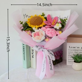 Crochet Flowers, Crochet Flower Bouquet, Sunflower, Handmade Flowers, Knitted Flowers, Pink Roses, Tulip, Preserved Flower for Mother's Day, Valentine's Day, Birthday (Pink)
