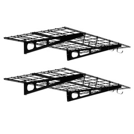 Black 2-Pack Heavy Duty Garage Wall Shelves 48x24 inch with Anti-Slip Hex Screws, Modular Tool-Free Setup, Hooks & Hanging Rods, 400 lbs Capacity, Grid Design for Custom Storage