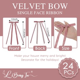 LiBongTa 5'' Dusty Rose Ribbon Bow Long Tail Bow, Pink Christmas Bow, Velvet Ribbon Bow for Gift Wrapping, Christmas Tree, Wreath, Gift Bags, Easy Bow Ribbon for Decorative, Party Favor-24 Counts