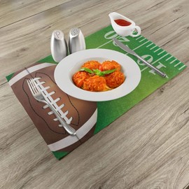 Lunarable Sports Place Mats Set of 4, American Football Field and Ball Realistic Vivid Illustration College, Washable Fabric Placemats for Dining Table, Standard Size, Brown Green