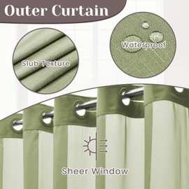 SORTTO SORTTO No Hook Slub Textured Shower Curtain with Snap in Liner - Sage Green Fabric Outer Curtain & Waterproof Inner Liner, Hotel Style with See Through Top Window, 71x86 in