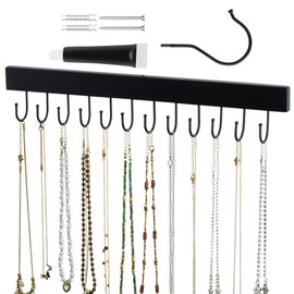ZEDODIER 2 Pack Necklace Organizer Wall Mount, Wooden Self-Adhesive Jewelry Hanger with 24 Adjustable Hooks, Hanging Holder for Necklace, Belts, Tank Tops, Bras, Black
