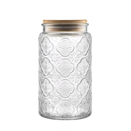 ANSQU Vintage Glass Storage Jar, 34 FL OZ Glass Food Storage Containers with Bamboo Lid, Airtight Cookie Jar Candy Jar for Kitchen Counter, Pantry, Coffee, Tea, Sugar (Round, Begonia)