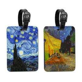 WIRESTER Set of 2 PU Leather Luggage Tag Name Tag Bag Tag for Travel Suitcase Baggage Luggage - Cafe Terrace at Night, The Starry Night by Van Gogh