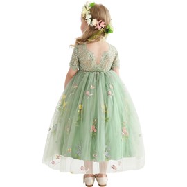DeeFant Flower Girl Lace Back V-Neck Dress Full-Length Floral Embroidered Toddler Tutu Tulle Dresses for Girls