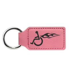 Left Facing Wheelchair with Flames Keychain Leatherette Rectangle - Laser Engraved - Many Colors - Key Chain Ring - handicap hot rod hotrod - Pink