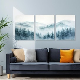 HTTART Foggy Forest Trees Landscape Wall Art, Blue Misty Spruce Forest Painting Artwork, Nature Scene Canvas Art for Living Room, Bedroom Framed Ready to Hang 12"x16" Set of 3