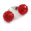 10mm Red Crystal Ball Stud Earrings In Silver Tone