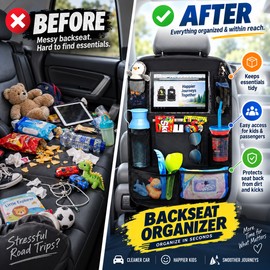 Car Backseat Organizer for Seat-Back Storage – Foldable Cloth Organizer with Touch-Screen Tablet Holder for Daily Drives
