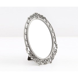SEHAMANO Vintage Oval Frame Makeup Metal Mirror with Crystal, Decorative Back Stand Travel Mirror (Tin (Grey))