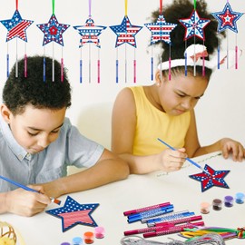 Sheroll 30 Pack Star Wind Chime Kit for Kids DIY Craft Make Your Own Patriotic Star Wooden Wind Bell Decoration for Veterans Day USA Independence Day Art Ornaments Party Activity Supplies