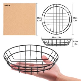 Biugaaufai 15 Pack 8 Inch Round Wire Bread Basket, Metal Fast Food Baskets with 50 Sheets Deli Wrappers Paper, Metal Dinner Roll Baskets for Home & Kitchen, Serving and Storage(Black)