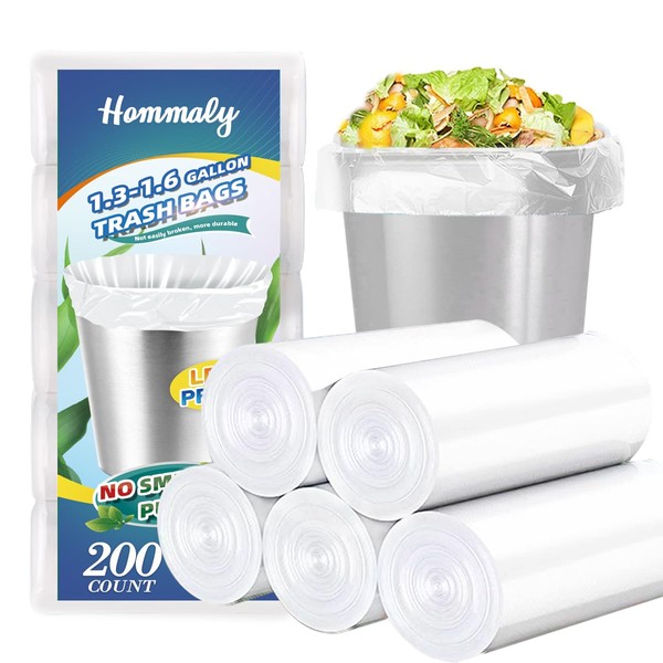 Hommaly 1.5 Gallon 200 pcs Small Clear Trash Bags(Fit1.3-1.6 Gal),