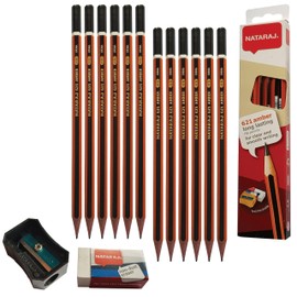 ZOFAX Nat621Amb HB Pencils Pack Hexagonal Graphite Pencils, Pack of 12, Wooden Pencils Sharpener Eraser Pack, School Home Office, iZOFAX Black Ball Pen