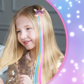 6 Pcs Hair Clips for Girls, 15in Rainbow Hair Extensions for Kids, Colored Girl Hair Accessories, Unicorn Hairpieces for Girls Toddler Kids