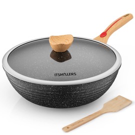 ITSMILLERS Nonstick Wok Aluminium Die-casting Chinese Wok, Scratch Resistant With Lid and Spatula, PFOA-Free, Dishwasher Safe & Induction Bottom,12 Inch,6L,Large Capacity