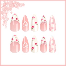 French Tips Medium Almond Press on Nails, Glossy Strawberry False Nails Gel Glue on Nails with White Love Heart Design, Pearl Grid Line Manicure Art Fake Nails Stick on Nails for Women Girls