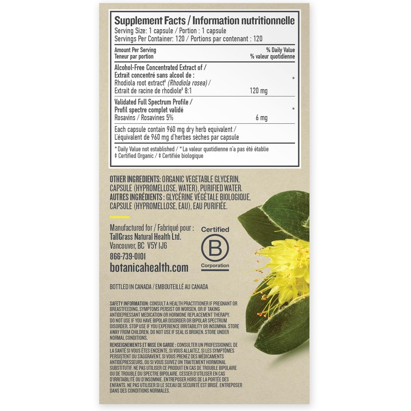 Botanica Botanica Rhodiola Liquid Capsules, Rhodiola Rosea Supplement for Stress