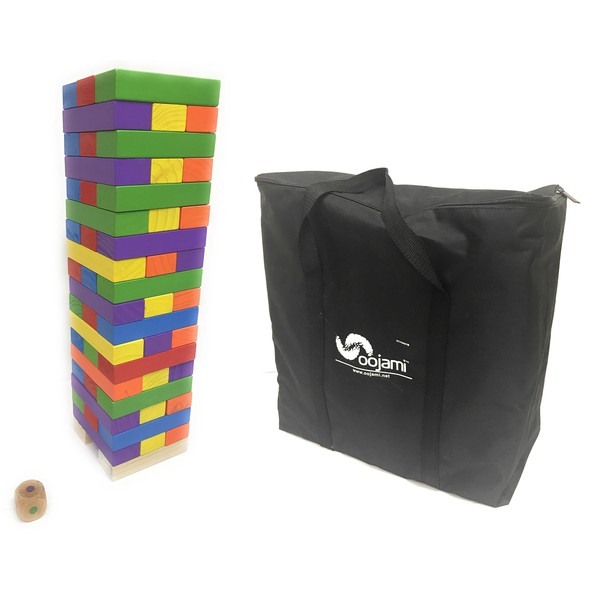 Oojami Giant Colorful Tumbling Timber Tower with Dice and Carry Bag