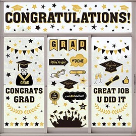 Whaline 193pcs Graduation Window Sticker Clings Removable Grad Window Decorations Cap Diploma Window Decals Grad Congratulations Party Decor Supplies for School Home Office, 8 Sheets, Gold Black