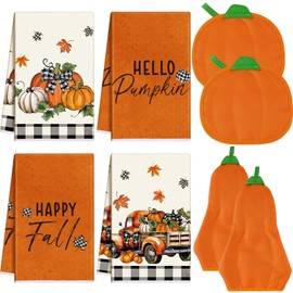 Fanfanwin 8 Pcs Fall Pot Holders and Oven Mitts Set Fall Kitchen Decor 2 Pumpkin Pot Holders and 2 Oven Mitt 4 Pumpkin Dish Towels for Baking Grilling Cooking Supply Thanksgiving Harvest Autumn Decor