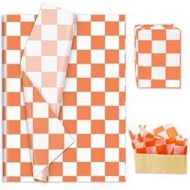 Whaline 100 Sheets Checkered Tissue Paper Orange White Plaid Gift Wrapping Paper Decorative Art Paper for Fall Birthday Party DIY Crafts, 14 x 20 Inch