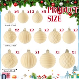 Hungdao 38 Pcs Velvet Christmas Ball Ornaments Sets Beige Flocked Christmas Tree Decorations with 5 Styles in 3 Sizes Shatterproof Hanging Xmas Ball Tree Ornaments for Xmas Holiday Decor