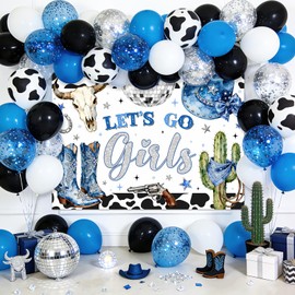 Mocsicka Cowgirl Backdrop Let's Go Girls Denim Diomand Western Disco Birthday Rustic Cactus Hat Boots Wild West Photography Background Banner Photo Shoot Decor Prop (Blue, 7x5ft)