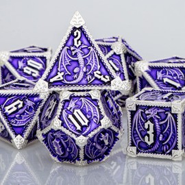 ARUOHHA Metal DND Dice Silver Purple Dragons Dice Set with Gift Box, Role Playing Game Dungeons Polyhedral RPG D and D Dice D20 D12 D10 D8 D6 D4