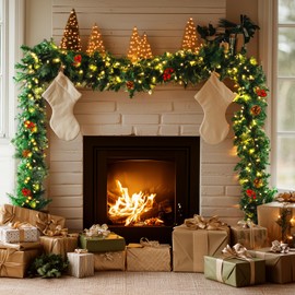 9FT/2.7M Christmas Garland For Fireplace Stairs Front Door,Pre Lit Xmas Garlands With Lights Pine Cones Berries,Light Up Artificial Wreath Table Porch Arch Mantle Garden Gate Home Outdoor Decorations