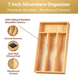 Umilife Bamboo Kitchen Drawer Organizer, 7 Inch Silverware Utensils Tray Holder for Small Drawer, Wood Caddy for Flatware Cutlery Knives