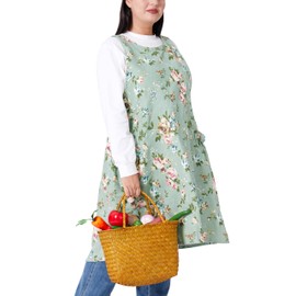 VIKIDEER Comfortable Huge Plus Size Aprons for Women Adjustable Cross Back Floral Cotton Linen Aprons Rose with Green Background