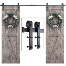 SMARTSTANDARD 7 FT Double Barn Door Hardware Kit, Sliding Door Track-Smoothly and Quietly -includes Detailed Installation Fit 21" Wide Doorpanel (J Shape Hanger) Black