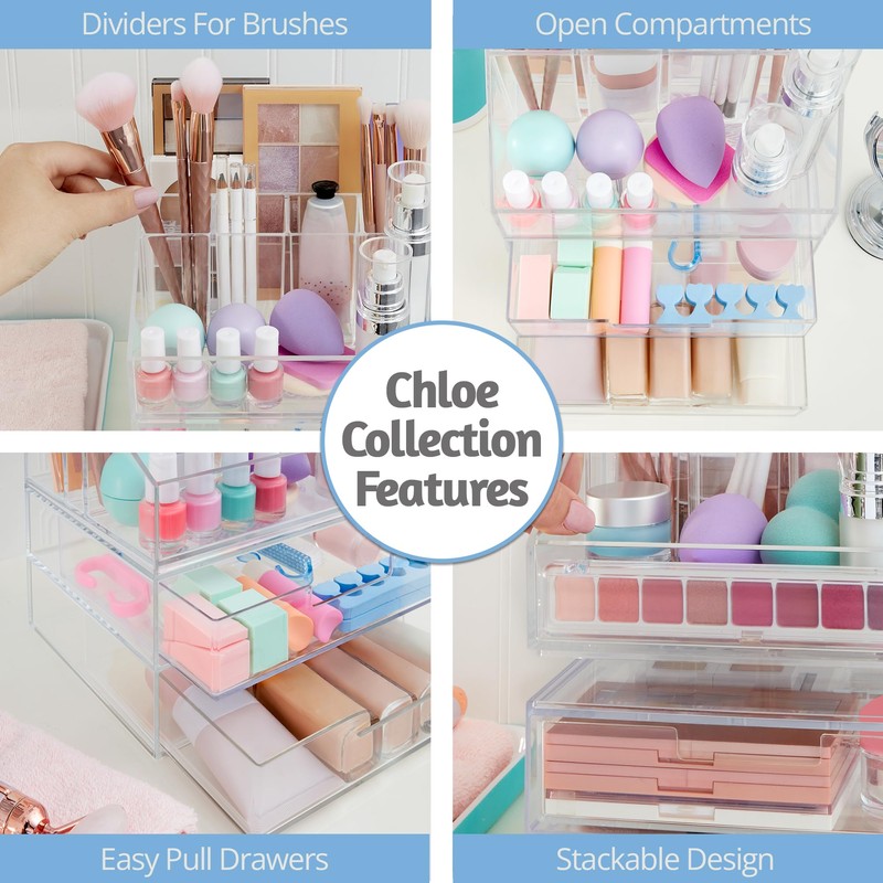 STORi Chloe Stackable Makeup Holder & Drawer Organizer Set, Clear,