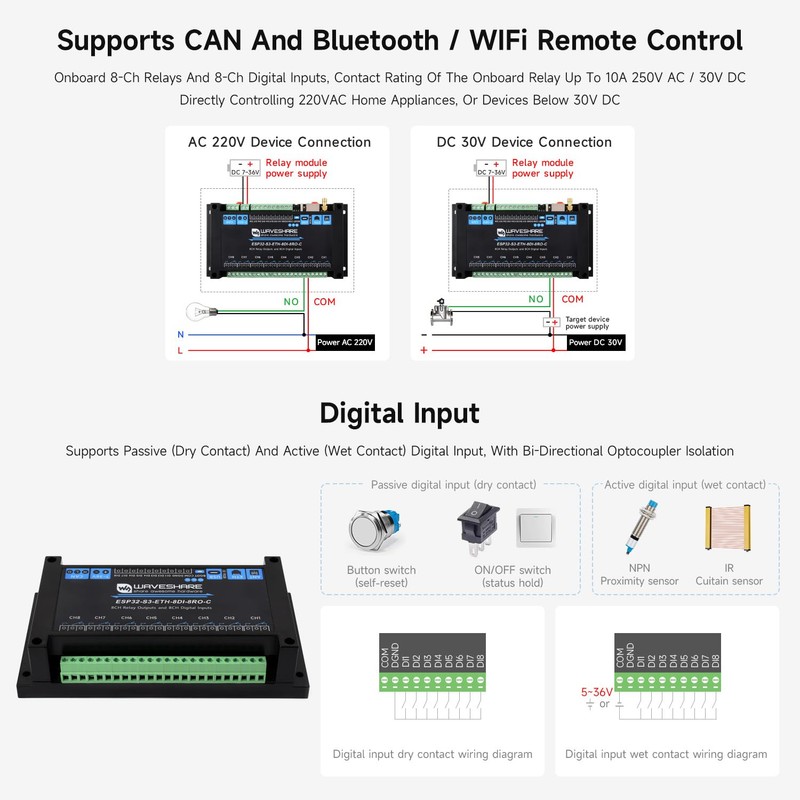 Waveshare ESP32-S3-POE-ETH-8DI-8RO-C(PoE Network Port), Industrial 8-Ch ESP32-S3 WiFi Relay Module,