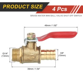 sourcing map 2Pcs Brass Water Mini Ball Valve Shut Off Switch, G1/4" Male x 3/8" Hose Barb, 180 Degree Operation Handle, Brass Valve