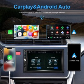 Double Din Car Stereo with Carplay Android Auto Mirror Link Bluetooth 5.1 2 Din Car Radio with Backup Camera 7 Inch Touch Screen Multimedia Player with FM Radio Steering Wheel Control 7 Color Light