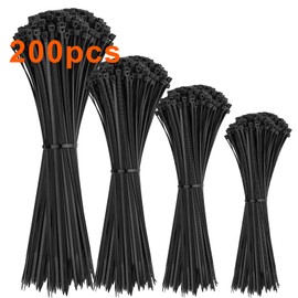 Set of 200 Black Cable Ties, 100/150/200/300 mm Cable Ties, UV-Resistant, Tensile Strength of up to 22 kg, Self-Locking Cable Ties for Cable Management, Gardening, Living, Workshops