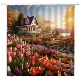 Garden Shower Curtain Elegant Tulip Flower Rustic Cabin Lodge Sunset Spring Nature Landscape Fabric Bathroom Decor Sets with Hooks
