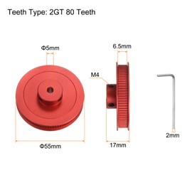 HARFINGTON 2GT Timing Pulley 80 Teeth 5mm Bore 55mm Dia. Aluminum Timing Belt Pulley with Hex Wrench for 6mm Width Belt 3D Printer CNC Machine Accessories, Red