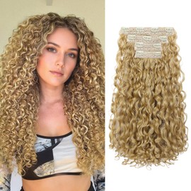 Curly Hair Extensions - 4PCS 18" GoGo Curly Clip in Hair Extensions 100% Super Protein Hairpieces with Invisible Lace Weft Silky Soft Natural Look for Women - Honey Blonde