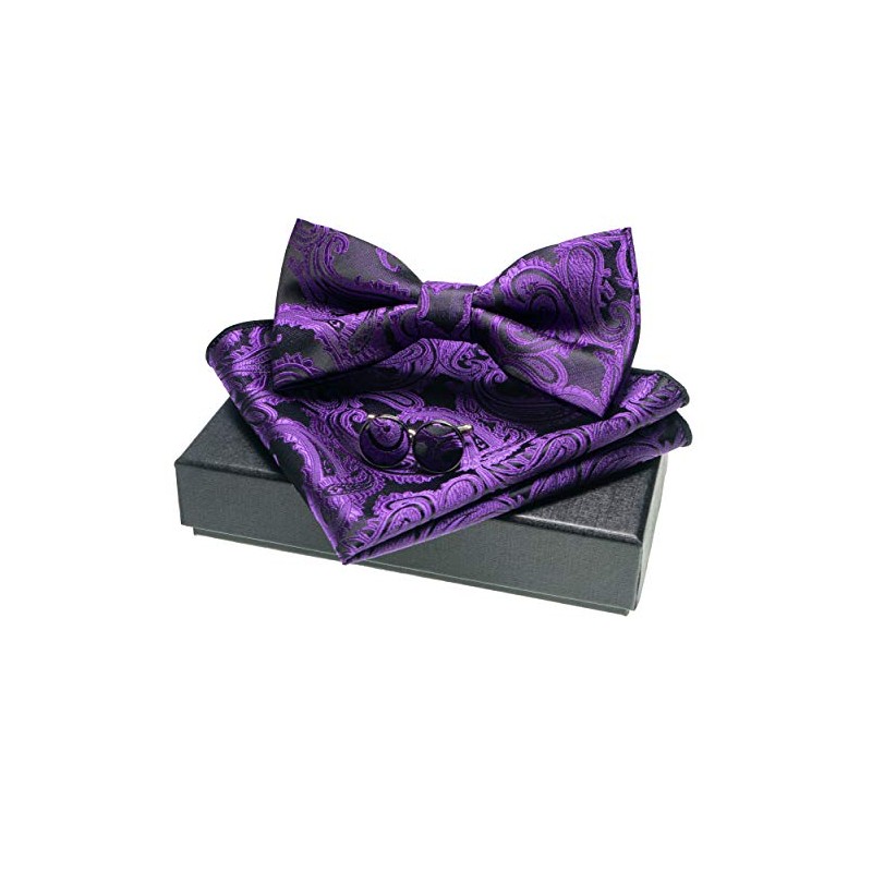 JEMYGINS Men's Paisley Pattern Bow Tie, Cuffs, Buttons, Handkerchief Set,