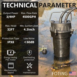 FOTING FOTING 3/4HP Submersible Sewage/Effluent Pump, 4500 GPH Cast Iron Septic Pump, 115V Automatic Tethered Float Switch, Sump Pump for Basement, Septic Tank, Basin, Sewage Well, Sewage System