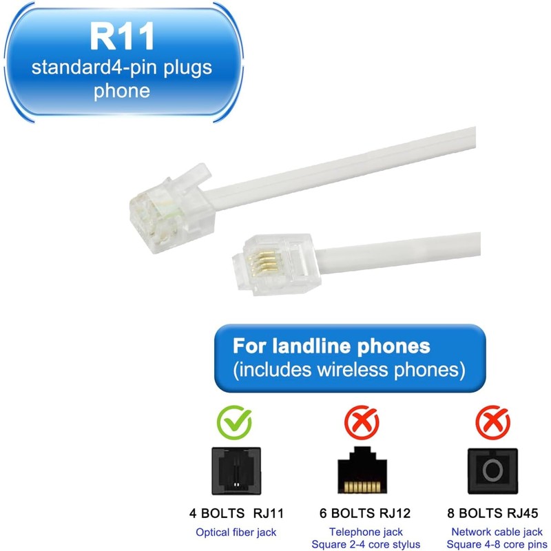 Long Telephone Extension Cord 10 FT, White, Phone Cable Line