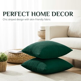 Softalker Set of 2 Christmas Cushion Covers, 50 x 50 cm, Dark Green, Corduroy, Sofa Cushions, Couch Cushions, Decorative Cushions, Striped Pattern, Christmas Decoration, for Living Room, Bedroom,