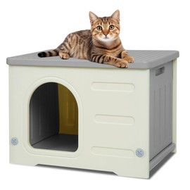 Waterproof Cat House Outdoor Indoor, Plastic Cat House for Outdoor Cats Feral Cat House Outdoor, Sturdy Cat Bed for Small Pet, Spacious, Assemble Easily -Grey
