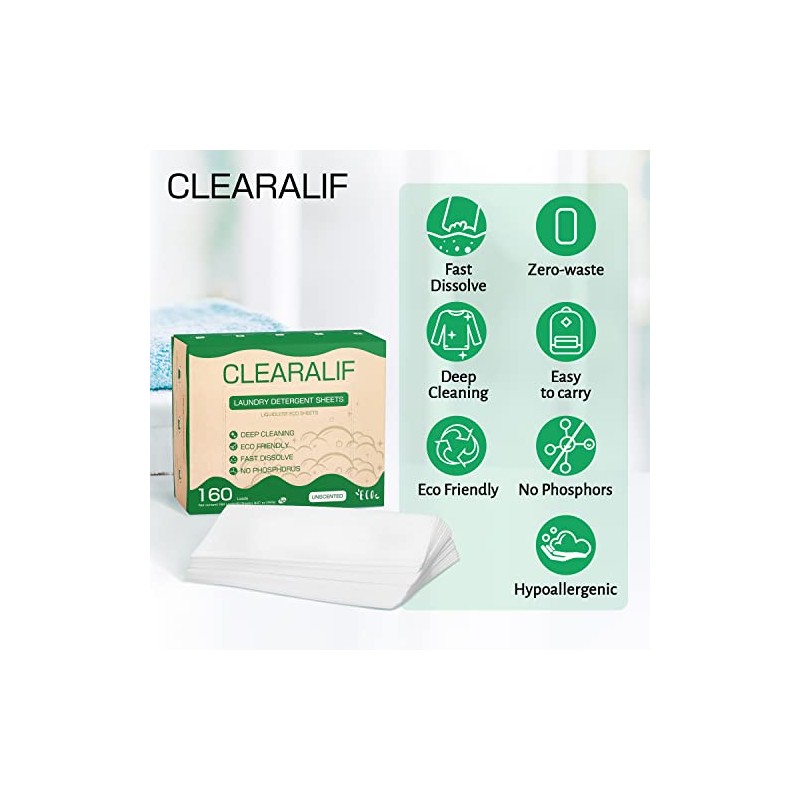 CLEARALIF Laundry Detergent Sheets up to 160 Loads (80sheets), Unscented,