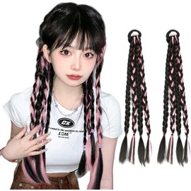 GIGIBO Hair Extension, 4 Braid, Color Extension, Braid, Daughter, Dance, Recital, Kids, Event, Extension, Ponytail, Hair Extension, 15.7 inches (40 cm), Set of 2, Dark Brown & Pink